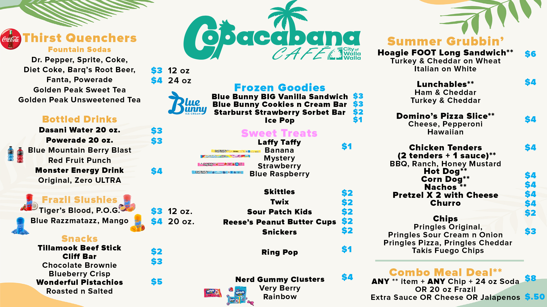 Menu of the Copacabana Cafe. The menu is also available as readable text below this image