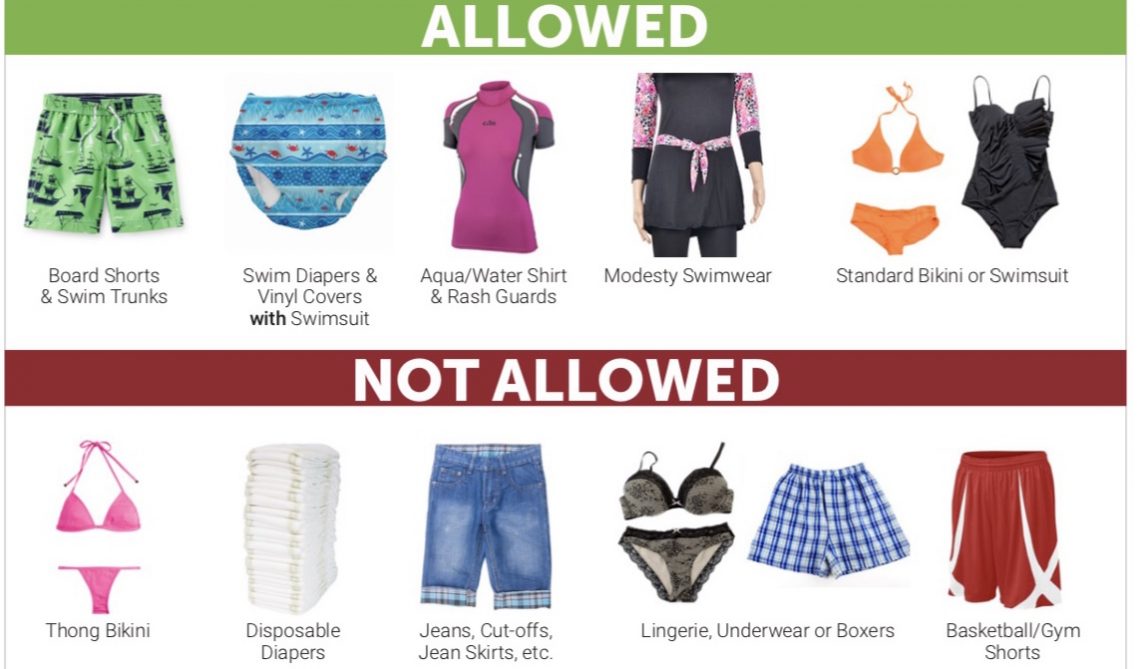 Swimwear that is allowed and not allowed at Veterans Memorial Pool; this information is also available as readable text below the image.