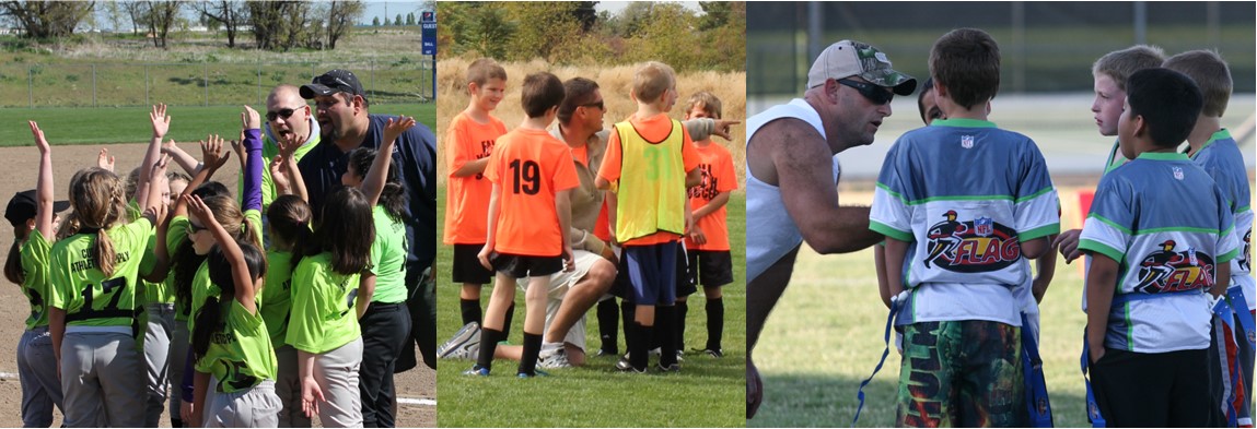 Adults coach children participating in softball, soccer, and flag football