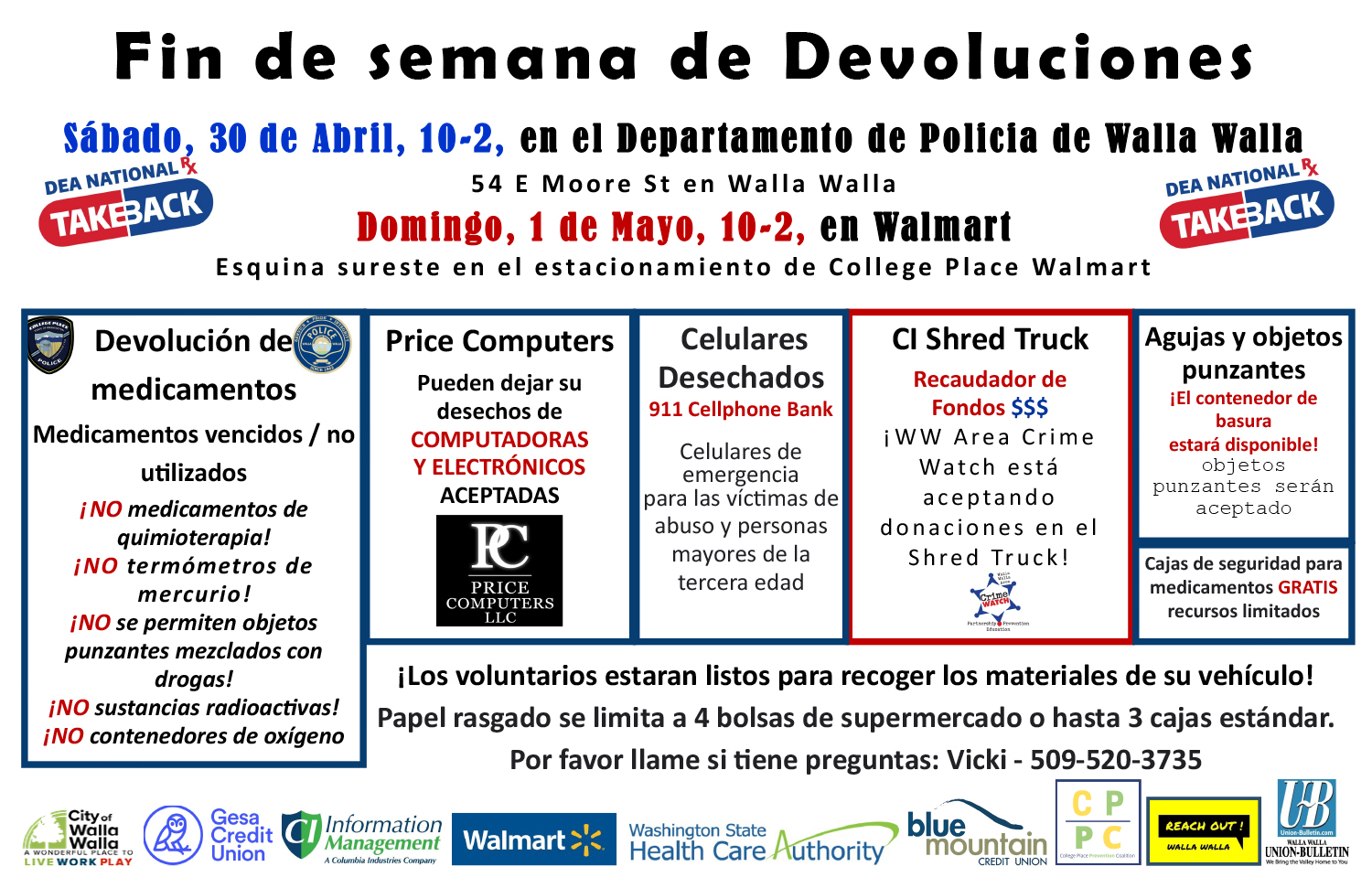 Flyer in Spanish with the details about the April 30-May 1 Take Back Weekend