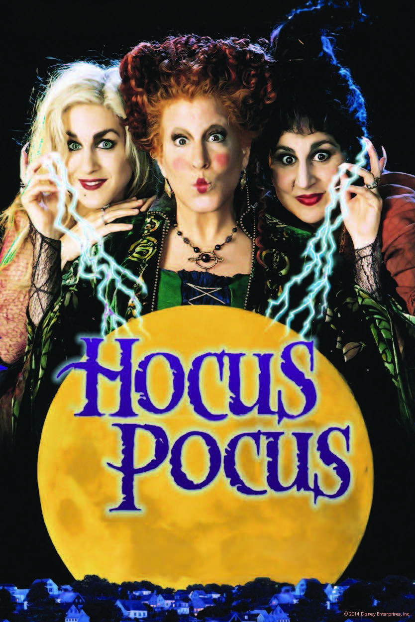 Promotional graphic for the movie Hocus Pocus featuring its three lead actors and a full moon