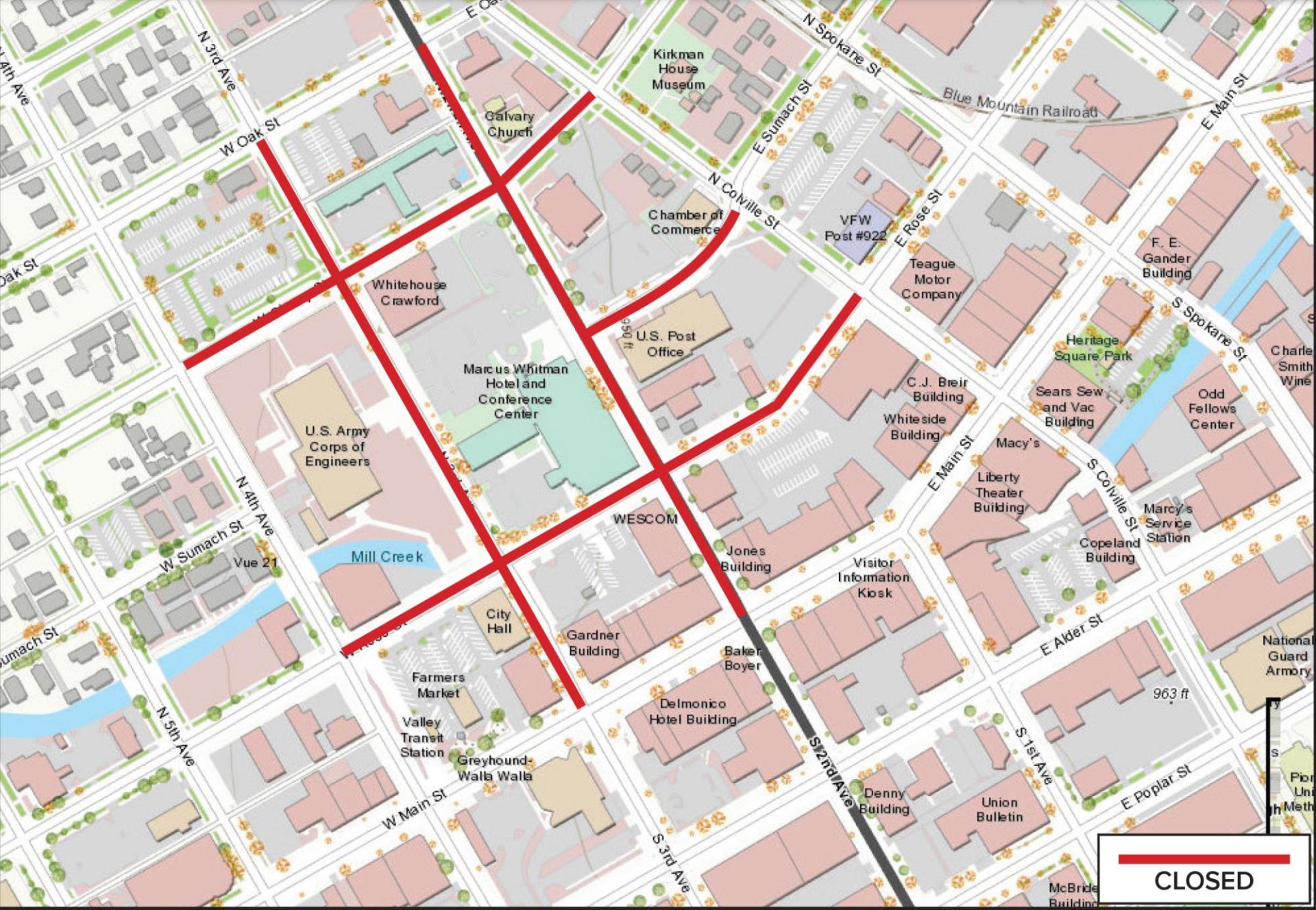 Map showing the streets that are closed around the Marcus Whitman Hotel and Conference Center