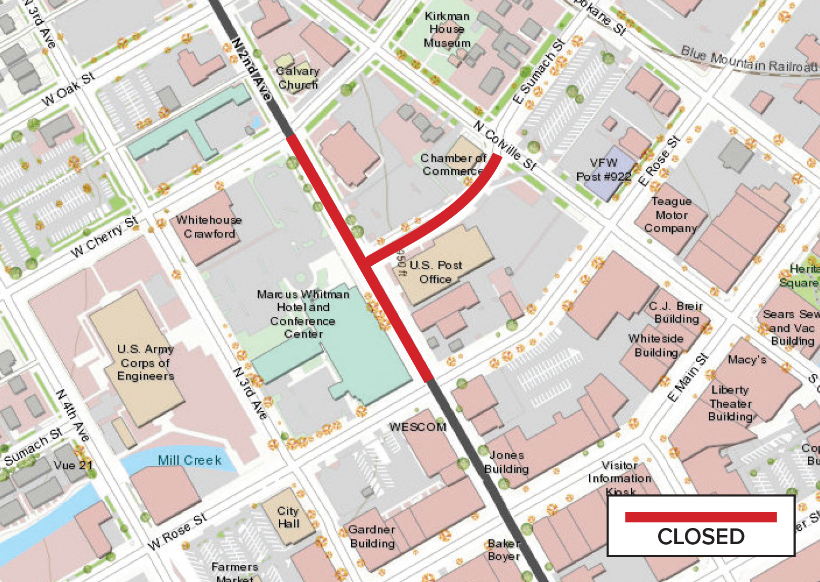 Map showing the streets that are closed around the Marcus Whitman Hotel and Conference Center