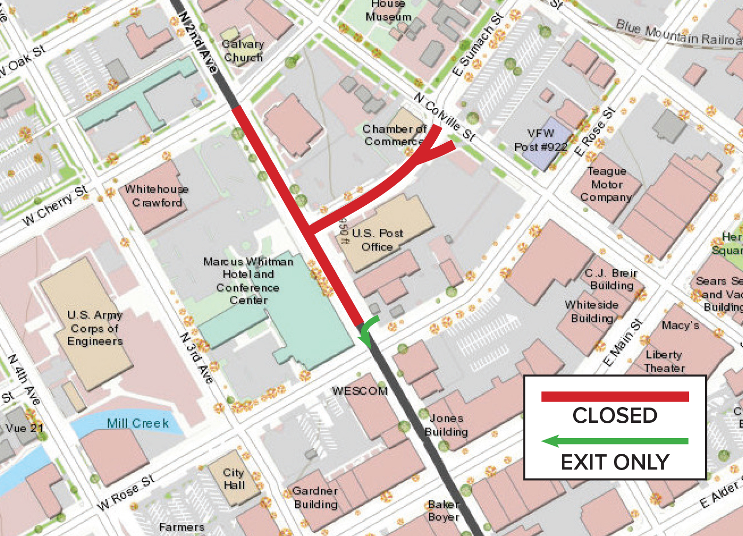 A map showing the closed streets and sidewalks as of Sept. 19, 2023, and the exit lane from the Chevron station onto southbound 2nd Avenue.