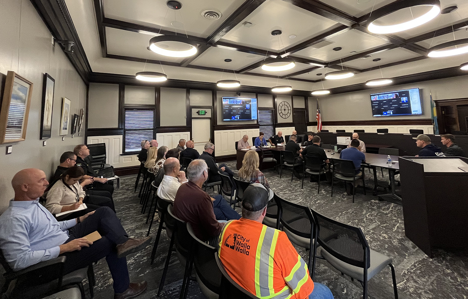 City staff meet with representatives from the Marcus Whitman Hotel, Clean Harbors, the state Department of Ecology and other agencies to review the current Incident Action Plan and discuss the next steps in the response, in the Walla Walla City Council Chambers