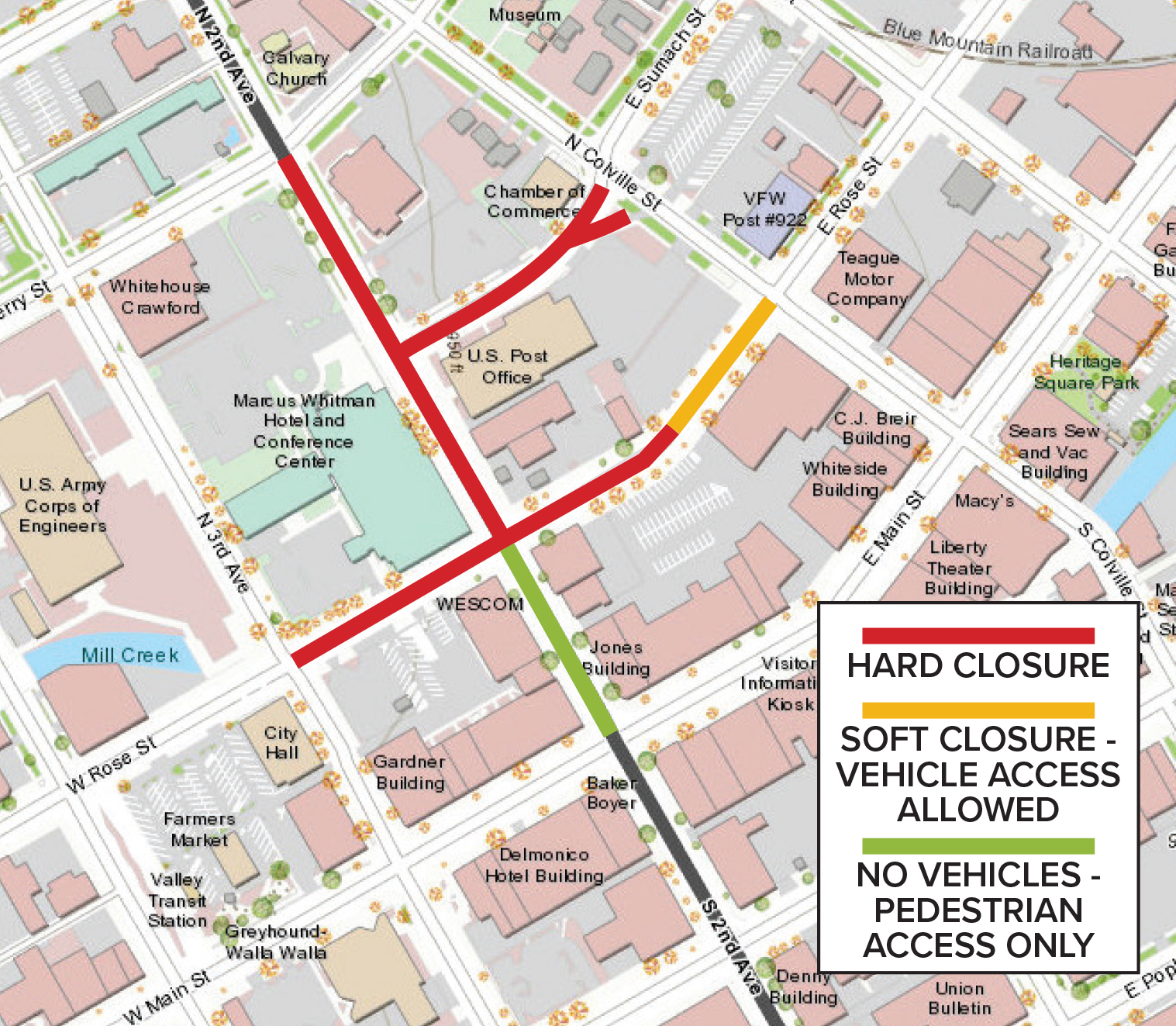 A map showing the closures around 2nd Avenue as of noon on Saturday, Sept. 23, 2023.