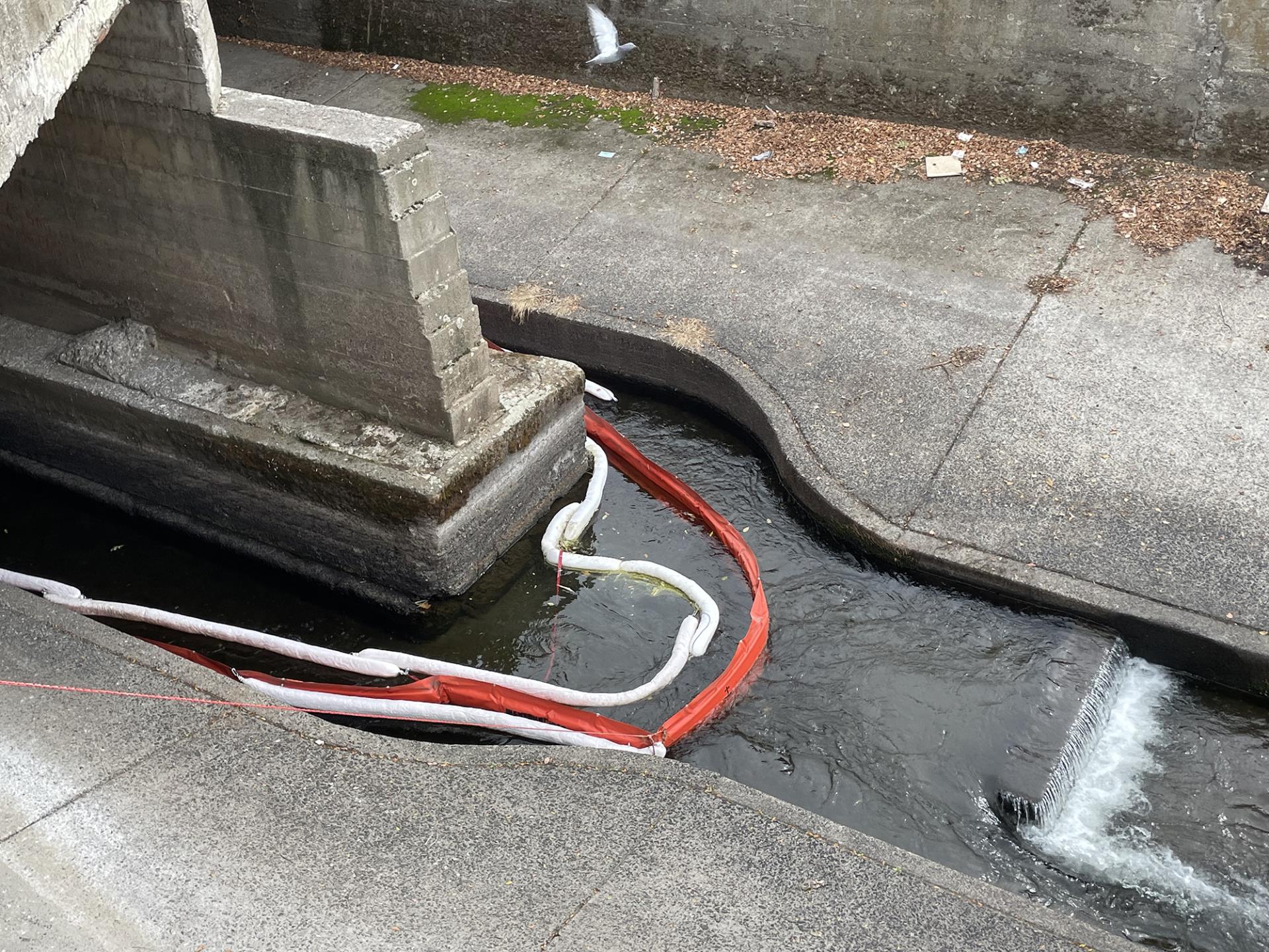 One of the two collection boom systems installed as a precaution in the Mill Creek Channel.