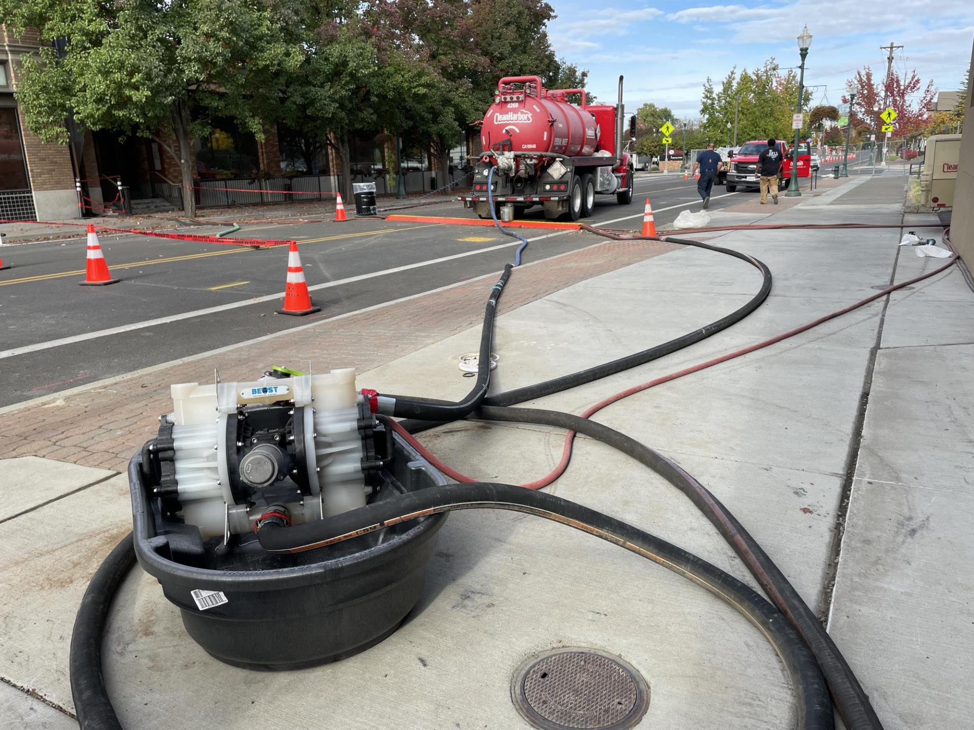 Components of the pumping system that pulls contaminated groundwater through a system of hoses to a frac tank, whence the water is filtered to remove contaminants.