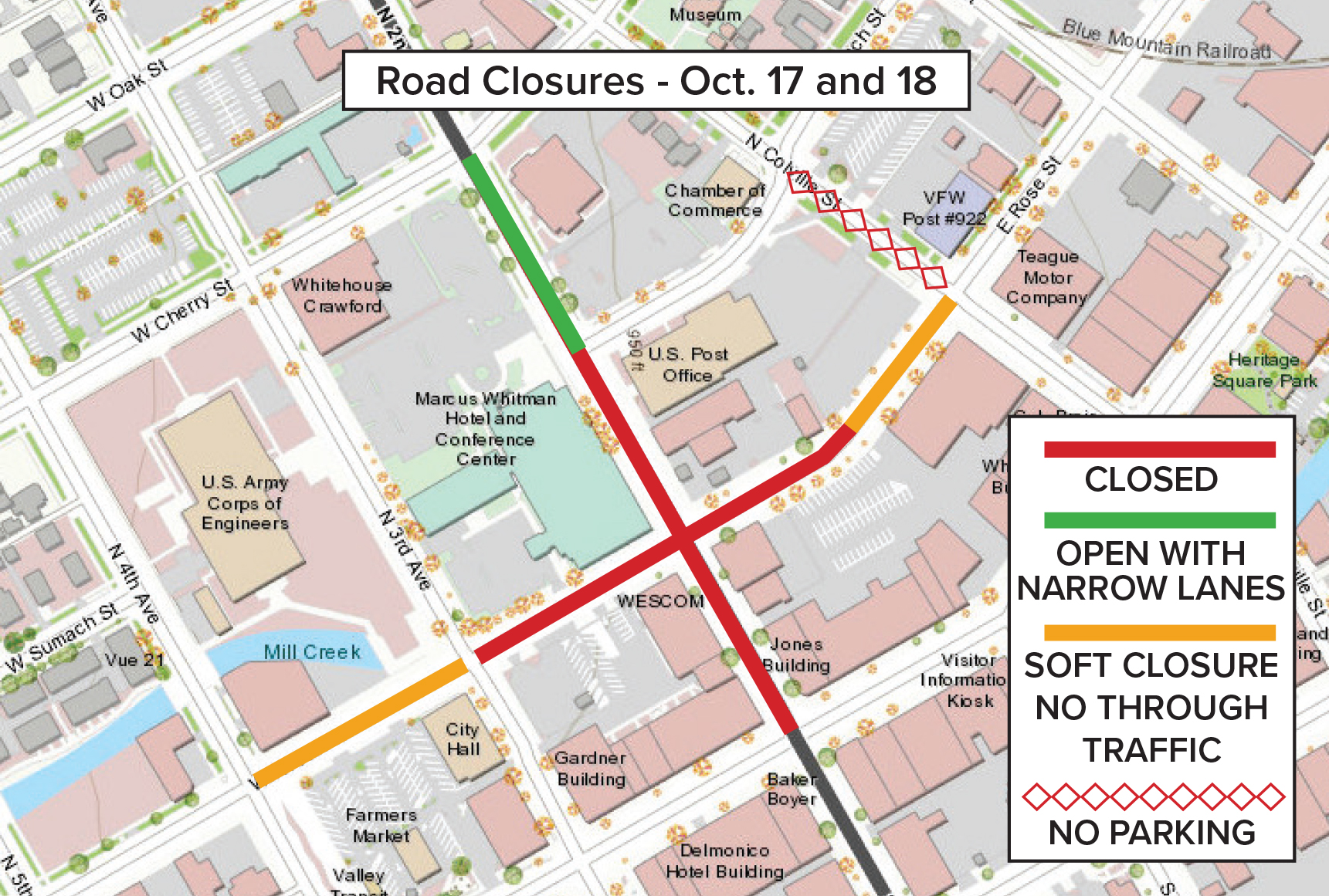 Map showing the road closures and changes around 2nd Avenue and Rose Street in Walla Walla on Oct. 17 and 18