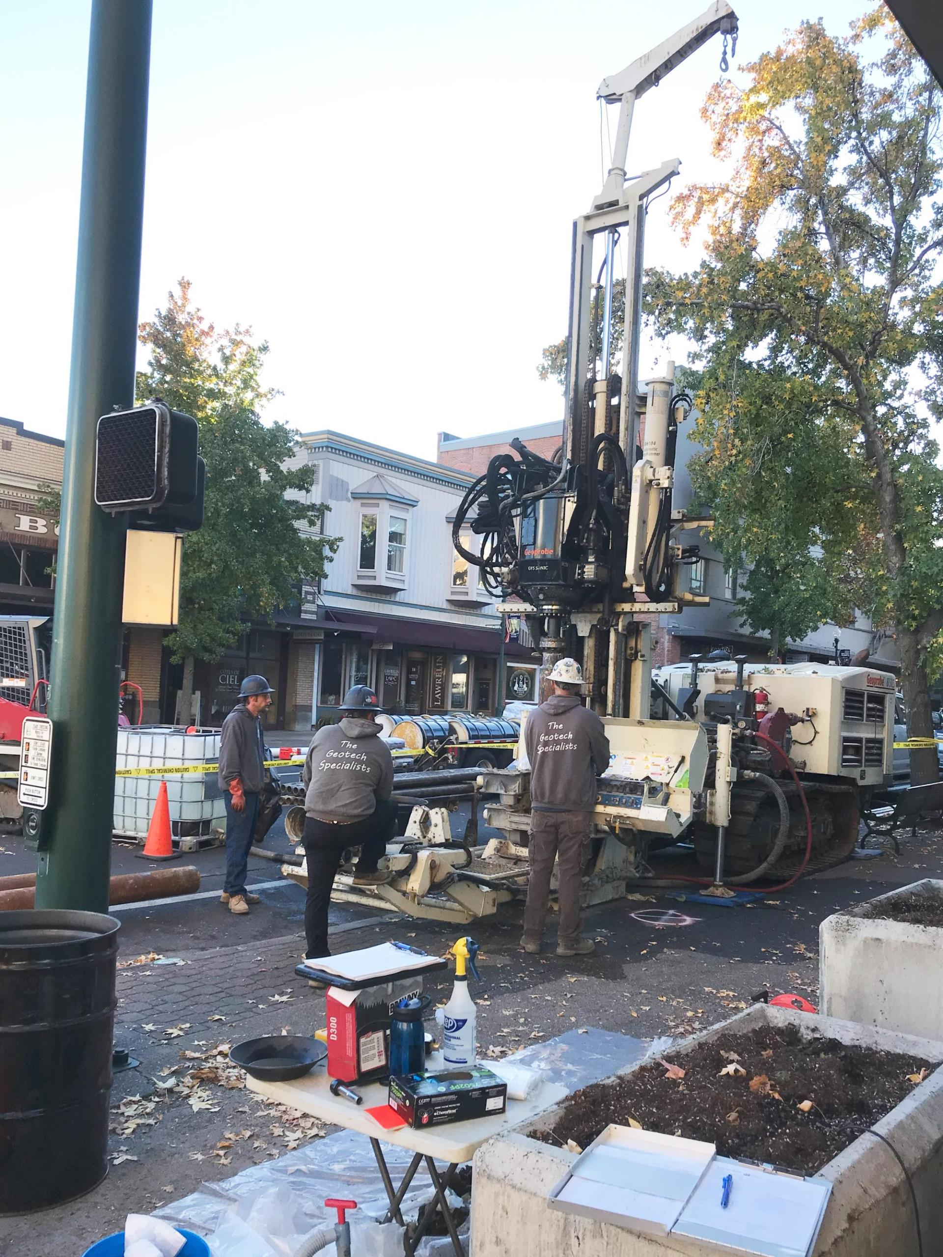 A crew drills a monitoring well near 2nd and Rose on Oct. 18. 2023.