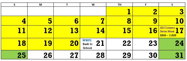 August 2024 monthly pool schedule; schedule is available in text form further down on this page