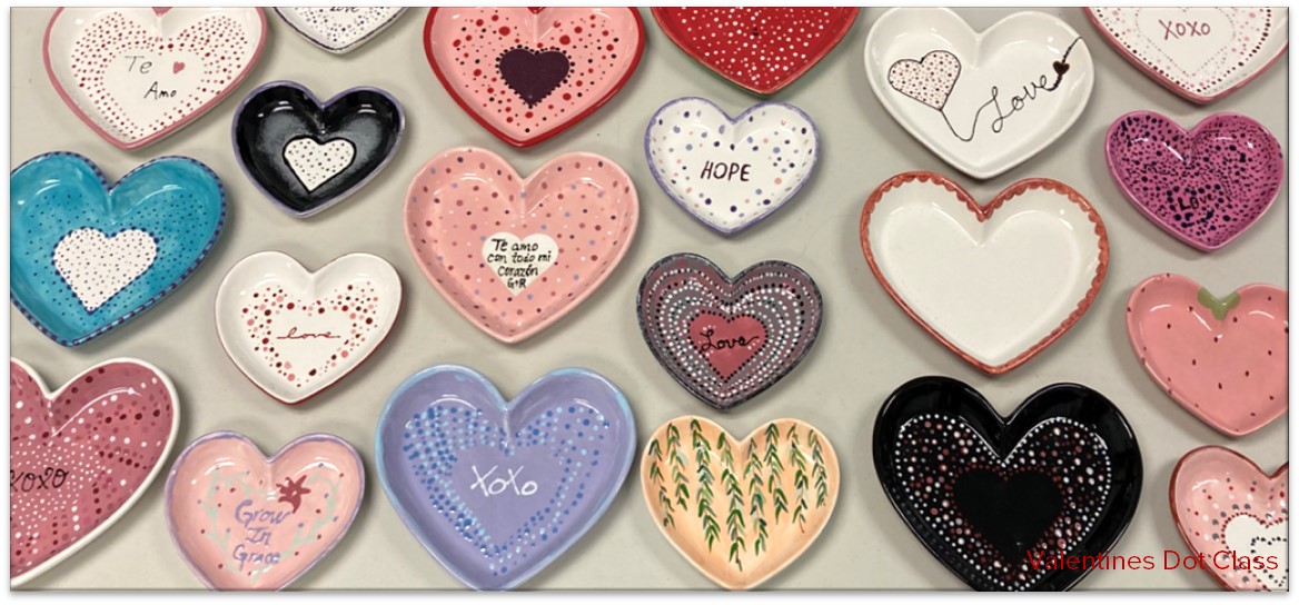 Dozens of painted heart-shaped trays