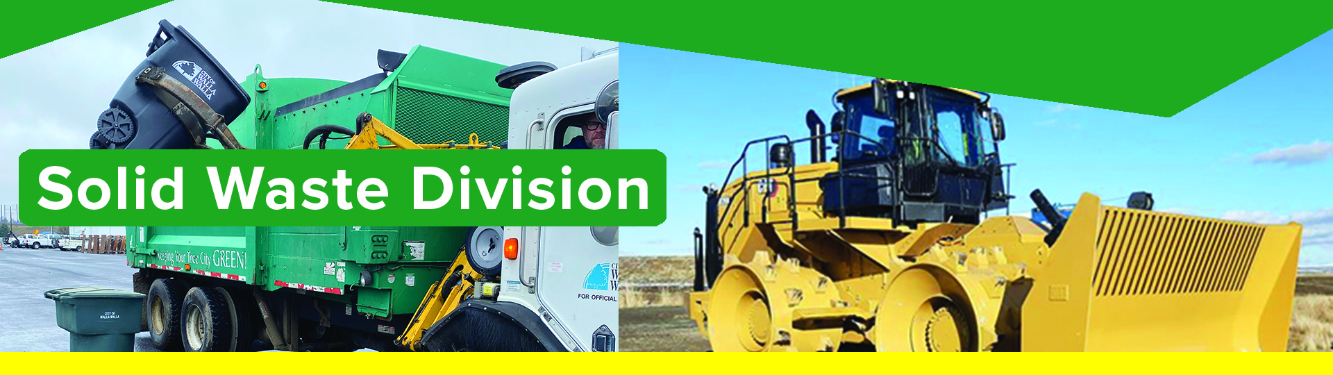 Solid waste division header graphic with photos of solid waste vehicles. 