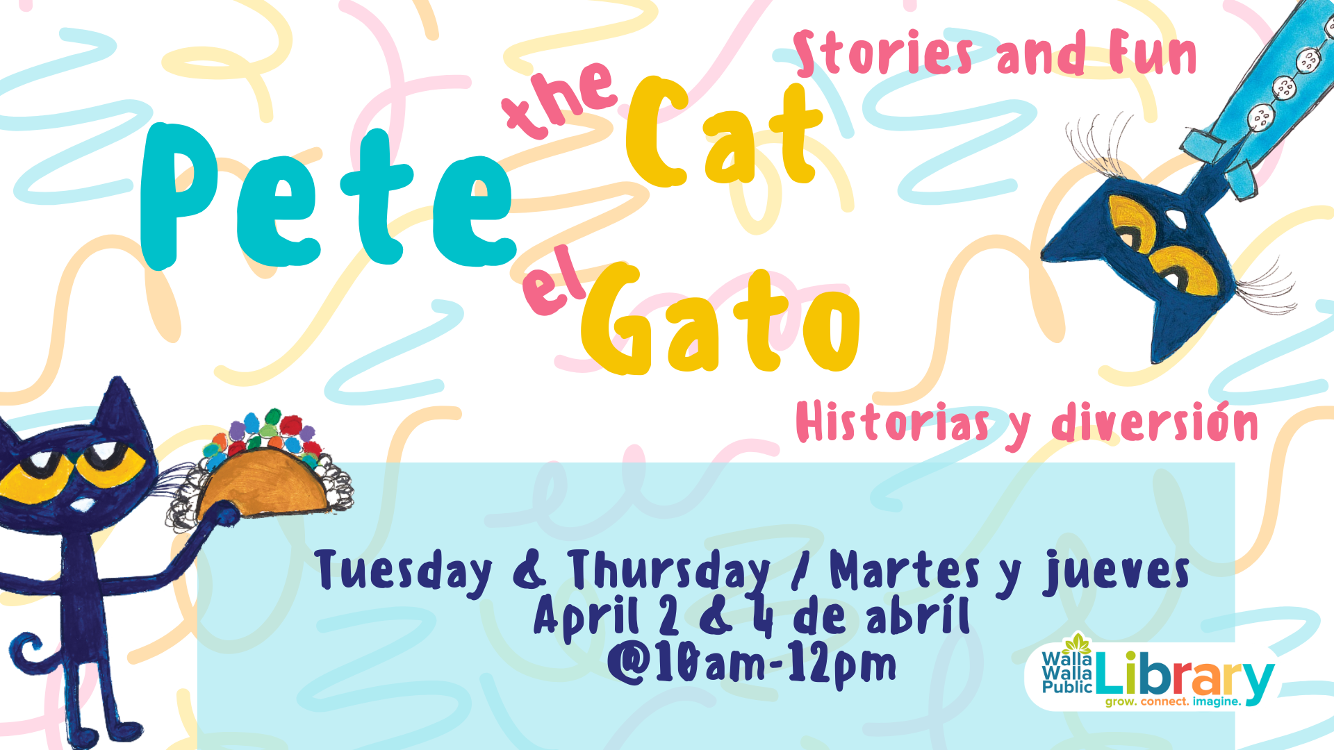 Pete the Cat storytime in English and Spanish April 2 & 4 at WWPL